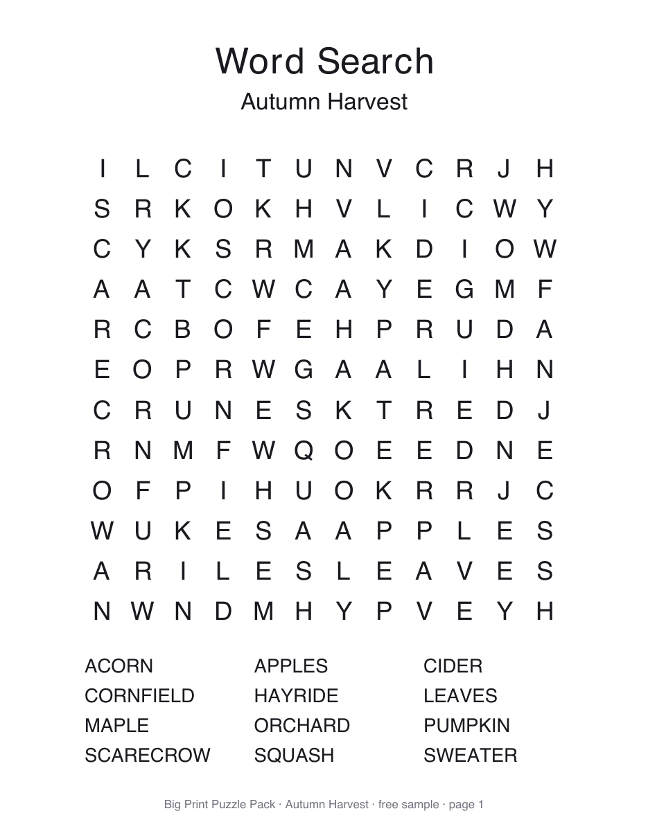 Sample page: large-print word search, Autumn Harvest theme